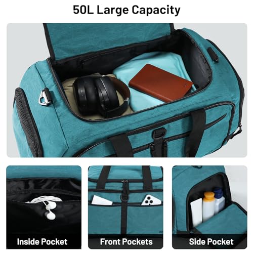 MIER Packable Travel Duffle Bag with Shoe Compartment, 50L, Teal | Foldable Weekender Duffel; Multi-Pockets; Adjustable Shoulder Strap; Luggage Sleeve; Travel, Sports, Camping, Gym - color: Teal, size: 50L