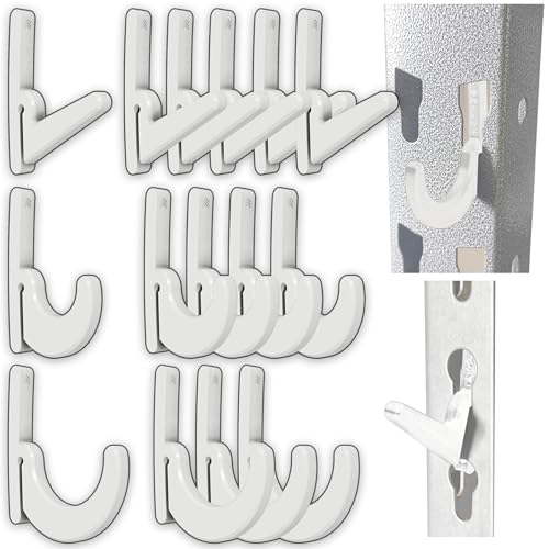 Heavy Duty Plastic L-Hooks and J-Hooks for Garage Shelving, Compatible with Keyhole Slots, UV-Resistant, 40 lbs Load Capacity (15, White L-Hook and J-Hook Assortment)