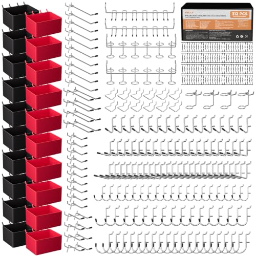 INCLY 312PCS Peg Board Organizer Accessories Kit, Pegboard Hooks Assortment with 20 Bins for Organizing Various Tools, Fit 1/8 or 1/4 inch Pegboard for Hanging Storage, Garage, Workbench, Craft Room - size: 312 PCS