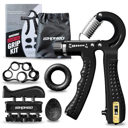 Adjustable Grip Strength Trainer Kit 5-in-1 with Counter, Hand Gripper & Finger Exerciser for Forearm Strength, Physical Therapy for Carpal Tunnel & Arthritis, Portable Workout Equipment for Rock Climbing & Gym, Gifts for Men - color: Black