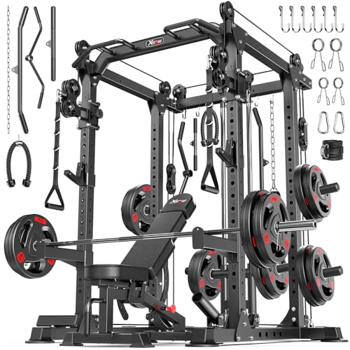 Power Rack Power Cage Multi-Function Squat Rack with Cable Crossover System Selectable More Training Attachment Power Rack for Garage & Home Gym - color: Black, size: E Set L02+Weight Bench+（pole+Cast Iron）336LBS