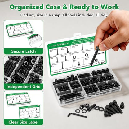 178 Pcs M6 12.9 Black Steel Socket Cap Screws Nuts Washers Kit | High-Tensile, M6 x 8mm to 35mm with Flat & Spring Washers and Wrench for Automotive and DIY, Clear Label Storage Box - size: M6 178pcs 3