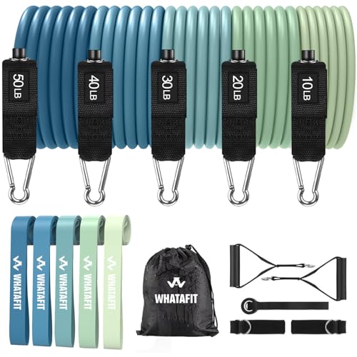 WHATAFIT Resistance Bands with Handles, 5-Level Exercise Bands for Workout | Natural latex,10-50 lbs, stackable to 150,Ankle Straps, Door Anchor,Guide. For Strength, Yoga,Home Gym,Travel & Workout. - color: Blue 16PCS