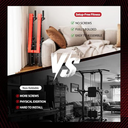 soges Foldable Power Tower Pull Up Bar Station with 6-Level Height Adjustment, Heavy Duty Free Standing Dip Station for Home Gym, Space-Saving Strength Training Equipment for Full Body Workout