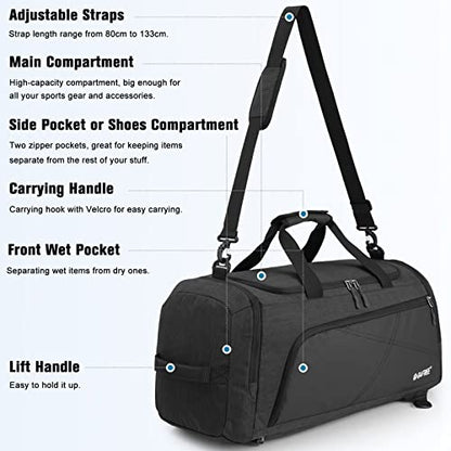 G4Free 45L/60L 3-Way Duffle Backpack Gym Bag with Wet Pocket & Shoes Compartment Sports Travel Weekender Overnight Duffel Bag | with Wet Pocket, Weekender Overnight Duffel Bag, Dark Grey - color: Dark Grey, size: 45L
