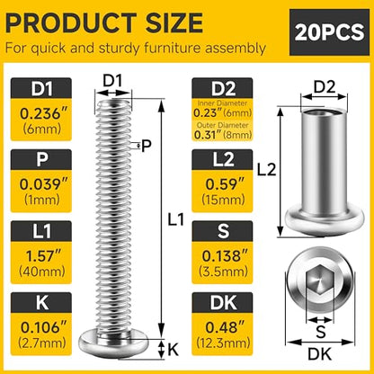 Mywish 10Sets M6 x 40mm Flat Head Hex Socket Cap Screws Bolts and Barrel Nuts Kit, 304 Stainless Steel Furniture Connector Bolts, Metric M6 Countersunk Binding Screws for Crib Cabinet with Hex Spanner - size: M6 x 40mm