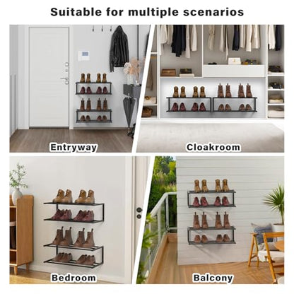 Wall Mounted Shoe Organizer 1 Pack, 25.9 Inch Wall Mounted Shoe Rack Holds 6 Pairs, Space Saving Metal Wall Shoe Rack for Small Space, Entryway