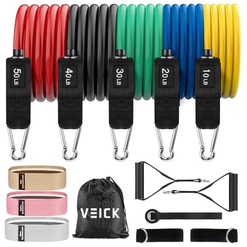 VEICK 10-150LBS Resistance Bands with Handles, Ankle Straps, Door Anchor | Accredited Lab Certified, 100% Natural Latex, Versatile for Yoga, Pilates, Strength, Home Gym - color: Colorful, style: 10-150LBS + 3 Booty Bands