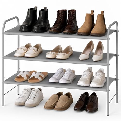 Simple Houseware 3-Tier Shoe Rack Storage Organizer, 9-16 Pairs, Grey | Space-Saving Shoe Shelf with Sturdy Metal Frame and Non-Woven Fabric Shelves for Entryway, Garage & Corridor - color: Grey, size: 3-Tier