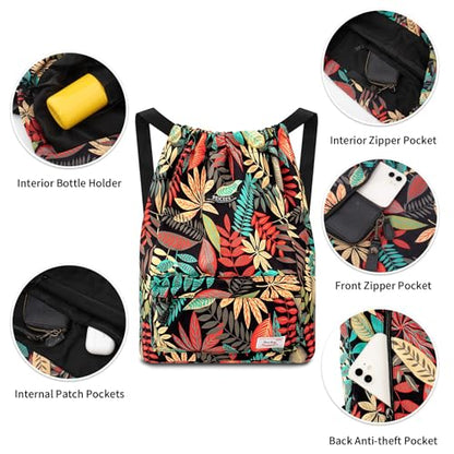 Peicees Waterproof Drawstring Sport Bag Lightweight Sackpack Backpack for Men and Women | Waterproof - color: X_red Leaves