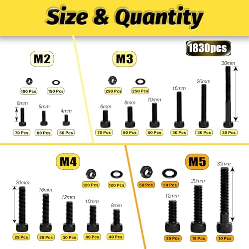 Kadrick M2 M3 M4 M5 Metric Screws Kit 1830PCS, Optimized Assortment with More Screws & Fewer Washers, Class 12.9 Socket Head Cap Screws, Black Zinc Plated Metric Bolt Assortment for 3D Printing & DIY - size: M2-M5 1830Pcs New