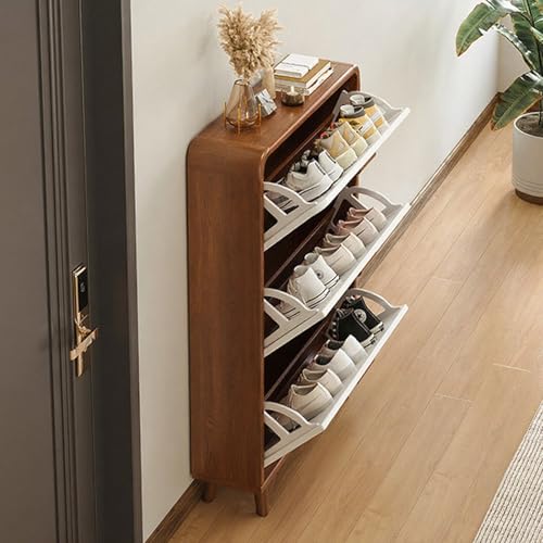 Narrow Shoe Cabinet, Wood Shoe Cabinet Storage for Entryway, Slim Hallway Hidden Shoe Rack Cabinet with Anti-tip for Bedroom, Living Room, Foyer(Wood Color+White,Small) Wood Color+White Small - color: Wood Color+white, size: Small