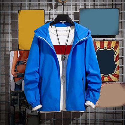 Lolvmvchi Mens Rain Jacket Lightweight Hooded Windbreaker Distressed Softshell Jackets Raincoat for Hiking - color: Blue, size: 3X-Large