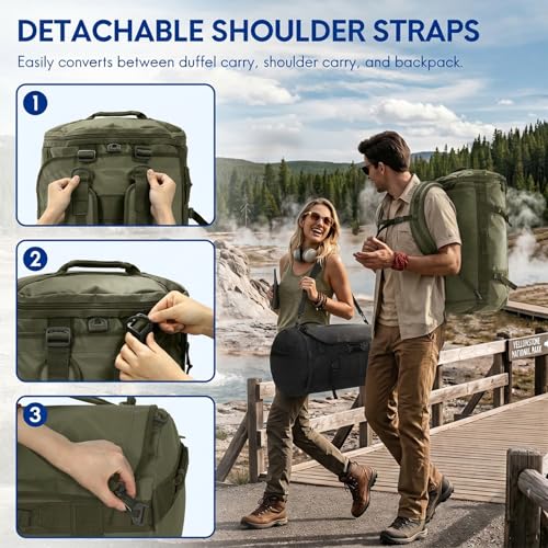 Haimont Heavy Duty Convertible Travel Duffel Backpack, Army Green, 45L | Shoe Compartment, Water-Resistant Tarpaulin, Wide U-Shaped Opening - color: Green, size: 45L