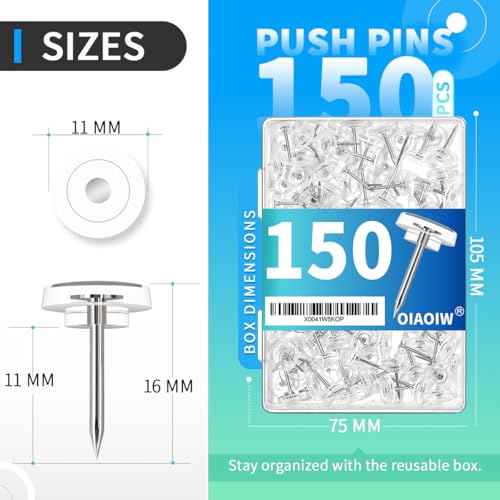 150 PCS Clear Push Pins Tacks Count in Reusable Box for Bulletin Boards and Wall Displays Heavy Duty Plastic Head - color: Clear