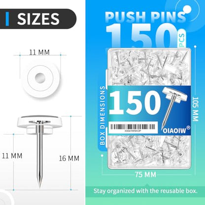 150 PCS Clear Push Pins Tacks Count in Reusable Box for Bulletin Boards and Wall Displays Heavy Duty Plastic Head - color: Clear