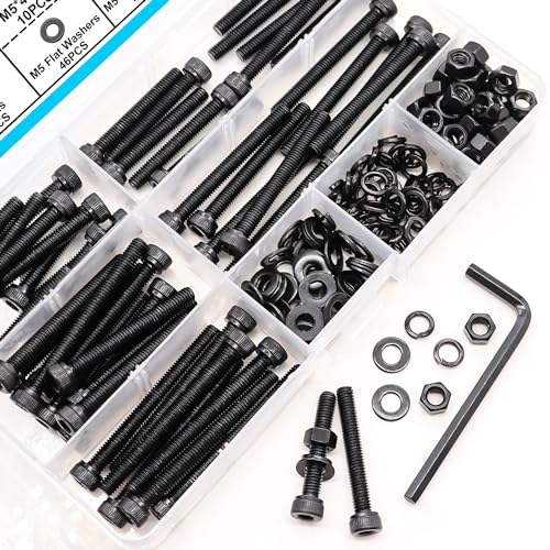 185PCS Black M5 Hex Socket Head Cap Screws, M5 x 30/35/40/45/50mm Metric Screws Bolts Nuts Washers Assortment Kit with Hex Wrench, 12.9 Grade Alloy Steel - size: M5 x 30/35/40/45/50mm, style: Socket Head