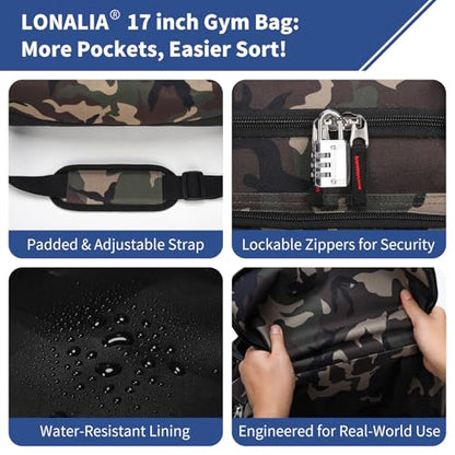 30L Gym Sport Duffle Bag - 17 inch Carry on Weekender Overnight Bag for Travel, Workout, Fitness (Camo-30L) - color: Camo