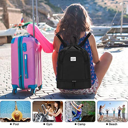 Dry Wet Drawstring Backpack with Shoe Compartment for Women Adjustable Gym Bag - color: Black