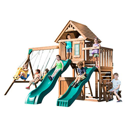 Swing-N-Slide Lookout Mountain Wooden Swing Set with Two Slides, Climbing Wall, Swings, Glider & Picnic Table, Wood - size: Lookout Mountain