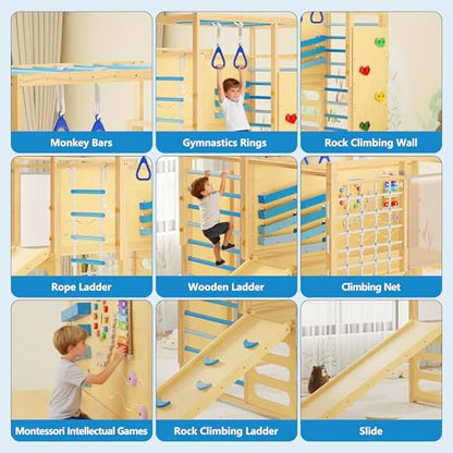 Jungle Gym with Slide, Rock Wall, Wood ＆ Rope Ladder, Monkey Bars, Gym Rings