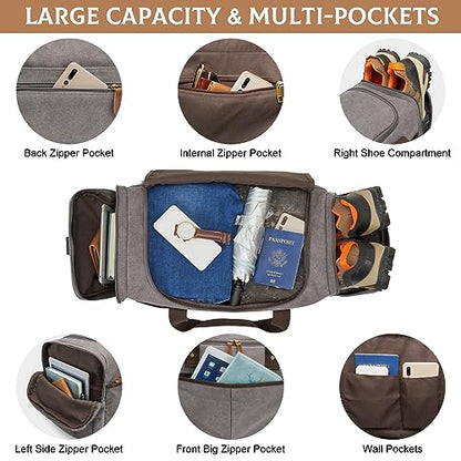 S-ZONE 65L Expandable Canvas Duffle Bag Travel Overnight Holdall Weekend Bag with Shoes Compartment Large Carry On Bag Tote Gym Bag for Men Women, Light Gray, X-Large, Travel Duffle | Water-resistant, X-Large Size, Multi-Pockets, Removable Shoulder Strap,