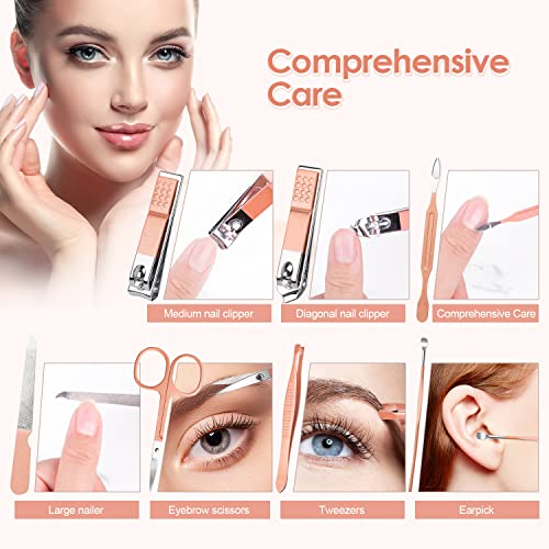 Manicure Pedicure Set Stainless Steel Nail Clippers Personal Nail Clipping Tools Portable Travel Grooming Kit with Snap-shut Case, Rose Gold