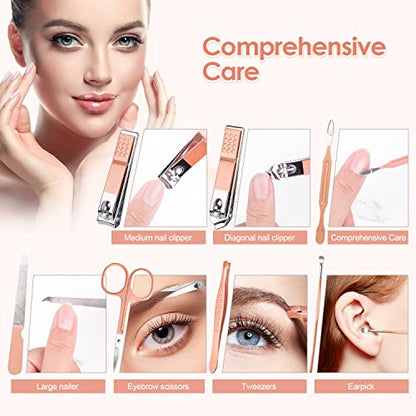 Manicure Pedicure Set Stainless Steel Nail Clippers Personal Nail Clipping Tools Portable Travel Grooming Kit with Snap-shut Case, Rose Gold