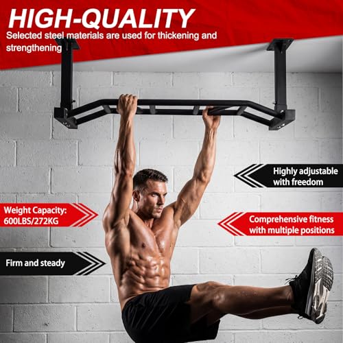 47 Inch Ceiling Mount Pull Up Bar Heavy Duty Multi-Grip Chin Up Bar Adjustable Height&Supports to 600 Lbs Fitness Trainer Home Gym Equipment