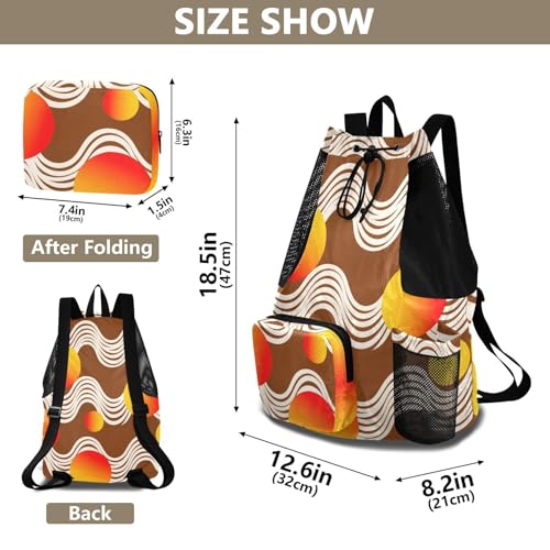 Drawstring Climbing Gym Bag With Pockets Drawstring Bags with Wet Dry Compartments Abstract Art Wave Lines Round Brown