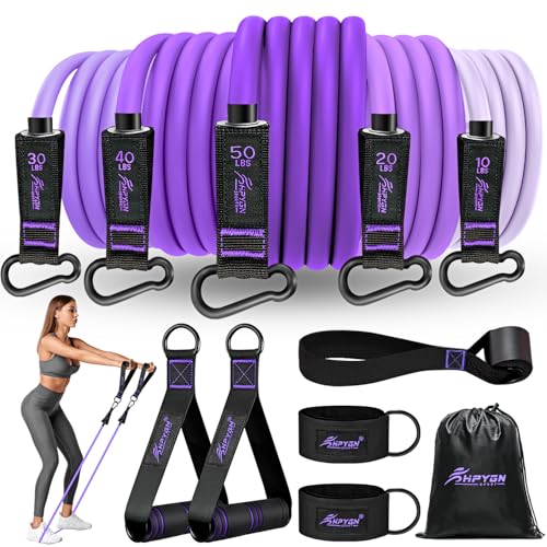 HPYGN Resistance Bands, Exercise Bands with Handles, Fitness Bands, Workout Bands with Door Anchor and Ankle Straps, for Heavy Resistance Training, Physical Therapy, Shape Body, Yoga, Home Workout Set - color: purple, style: 150LBS