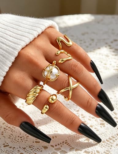 YEEZII Chunky Gold Rings for Women Non Tarnish, 18K Gold Plated Stackable Thumb Ring, Statement Women Rings Set - color: Gold-E
