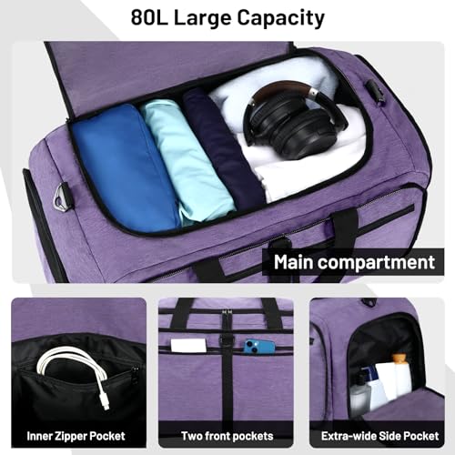MIER Packable Travel Duffle Bag with Shoe Compartment, 80L, Purple | Foldable Weekender Duffel; Multi-Pockets; Adjustable Shoulder Strap; Luggage Sleeve; Travel, Sports, Camping, Gym - color: Purple, size: 80L