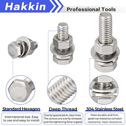 Hakkin 240Pcs Hex Bolts and Nuts Kit Stainless Steel Spring Washers Assortment Kit, 1/4" 5/16", 3/8" 10 SAE Sizes Machine Screws Set with Storage Case - size: 240PCS 1/4-20 5/16-18 3/8-16 Hex Bolts Silver