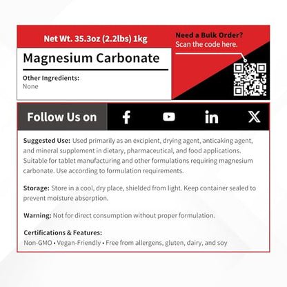 Magnesium Carbonate Light Powder USP - 1 kg (2.2 lb) - Hydromagnesite Mag Powder Tablet and Capsule Diluent Carrier Excipient
