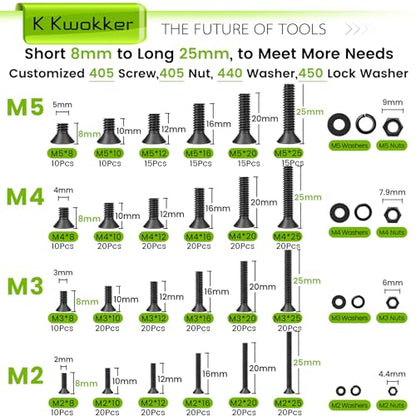 1700Pcs M2 M3 M4 M5 Hex Socket Flat Head Screws Assortment Kit | 24 Sizes 8mm to 25mm, 10.9 Alloy Steel Metric Bolt Assortment Machine Screws Nuts & Washers, Includes Allen Wrench Drill Bits - size: C. M2 M3 M4 M5