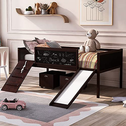 Twin Size Low Loft Bed with Climbing Rope and Double-Sided Chalkboard, Kid's Play Bed with Two Toy Storage Boxes for Bedroom (Espresso)