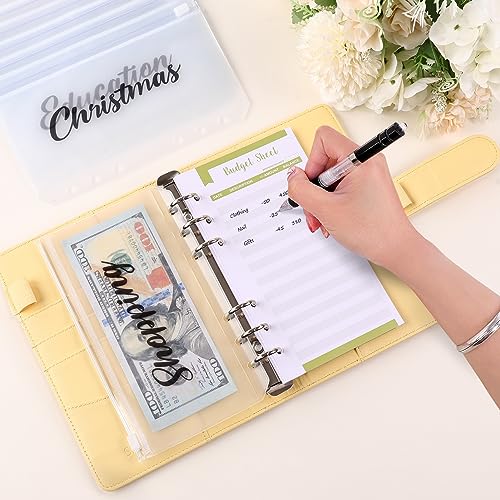 SKYDUE Budget Binder with 8pcs Zipper Envelopes, Money Organizer for Cash with 12pcs Expense Budget Sheets & 24 Blak Sticky Labels, Budget Book with Cash Envelopes, Yellow, A6 (1008HYJ-HZ_A6Yellow) - color: Yellow