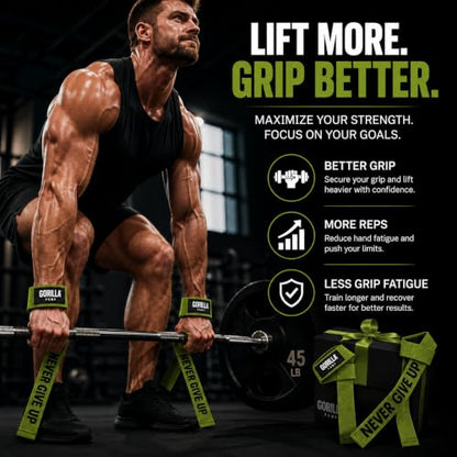 Pair of Deluxe Straps for Weights, Dumbbells, Gym and Crossfit with Non-Slip Grip and Durable Never Give Up Design - color: Green