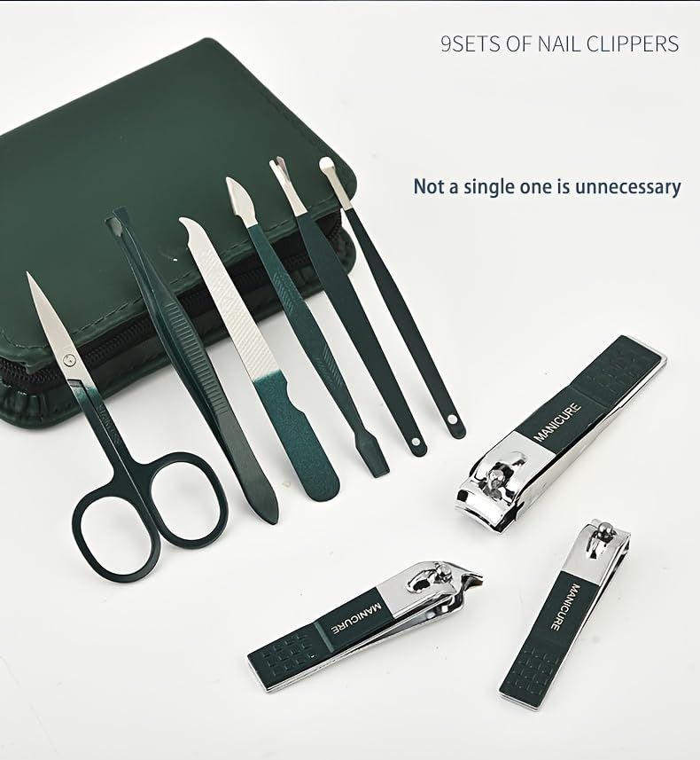 Professional Manicure Pedicure Set 10PCS Stainless Steel Nail Clipper Grooming Kit with Cuticle Trimmer Toenail Cutter Nail File Tweezers Ear Pick Travel Case for Hand Foot Care Emerald Green