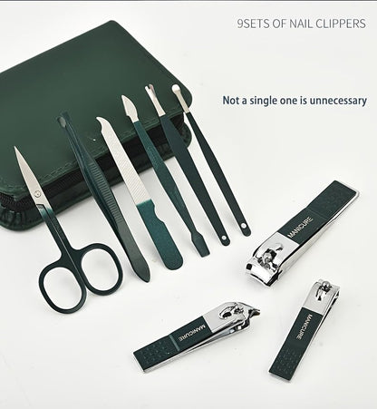Professional Manicure Pedicure Set 10PCS Stainless Steel Nail Clipper Grooming Kit with Cuticle Trimmer Toenail Cutter Nail File Tweezers Ear Pick Travel Case for Hand Foot Care Emerald Green