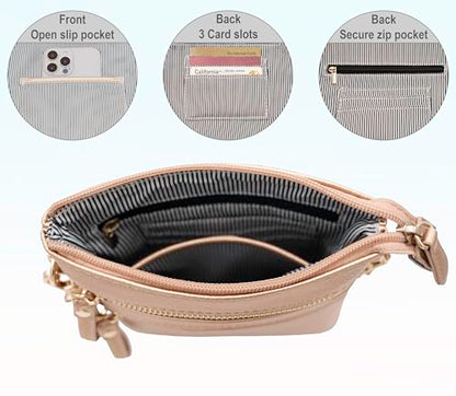 Solene Small Multi Zipper Pockets Crossbody Bag with Detachable Wristlet - color: Rose Gold-1