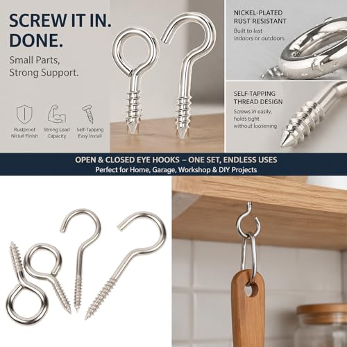 265-Piece Zinc-Plated Screw Eyes & Hooks Assortment Kit, 11 Sizes Self-Tapping Metal Eyelet Screws, 3/4"–2-1/16" for Hanging, Crafts & DIY