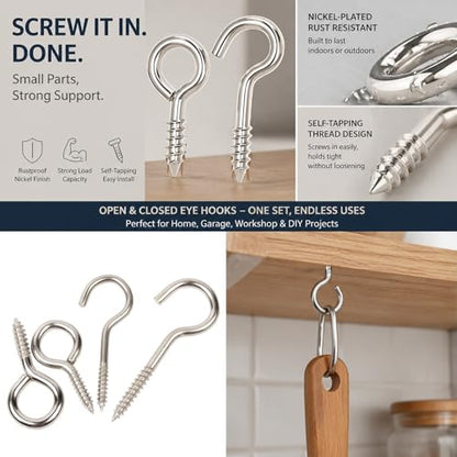 265-Piece Zinc-Plated Screw Eyes & Hooks Assortment Kit, 11 Sizes Self-Tapping Metal Eyelet Screws, 3/4"–2-1/16" for Hanging, Crafts & DIY