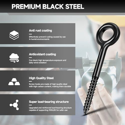 7 inch Eye Bolts - 4 Pcs Eyes Hooks Screw Heavy Duty 900 lbs Breaking Strength Black Rust-Resistant, Self Tapping Eyelet Screw for Wood Securing, Hammock Stand, Indoor & Outdoor Use - size: 7" 4Pcs