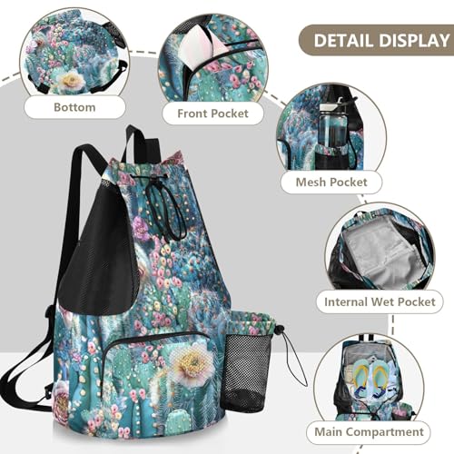 Drawstring Climbing Gym Bag With Pockets Drawstring Backpacks with Wet Dry Compartments Fantasy Cactus