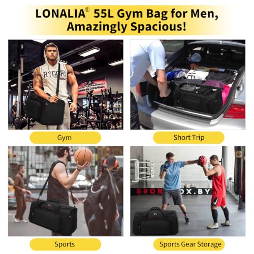 55L Sports Gym Duffle Bag for Men, 22 inch, Black | Large Capacity, Workout, Travel, Weekender, Fitness, Heavy Duty, Multi Pockets, Spacious - color: Black