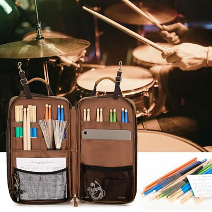Damero Waxed Canvas Drum Stick Bag with Hanging Hooks and Shoulder Strap | Mallets Percussion Bag with Top Padded Handles, Stick Bag for Drumsticks and Mallets for Drummers, Beginners in Band, Gig