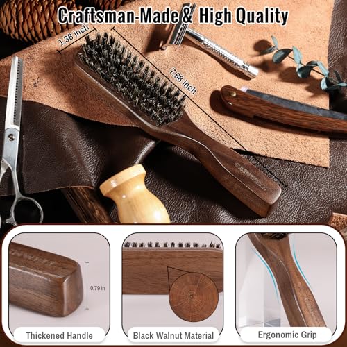 GAINWELL Mens Hair Brush Beard Comb Set, Slick Back Boar Bristle Hair Brush with Stiff Bristles for Thick Hair, Natural Black Walnut Gold Sandalwood Handle, Beard Mustache Brushes Comb Kit - size: Regular(2Pcs Set)