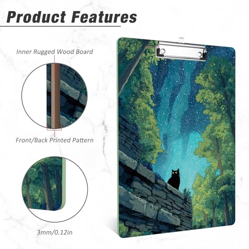 Rimilak Wood Clipboard, 8.5x11 Hardboard Clip Board, Night Cat | Fun Design, Cute Custom Pattern, 9 x 12.5 in Letter Size for Classroom, Teachers, Kid, Woman, School & Office Supply - color: Night Cat